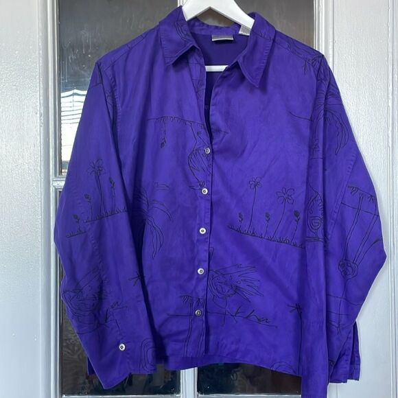 Chicos purple vintage animal print drawing button down collared shirts blouse - Picture 10 of 13